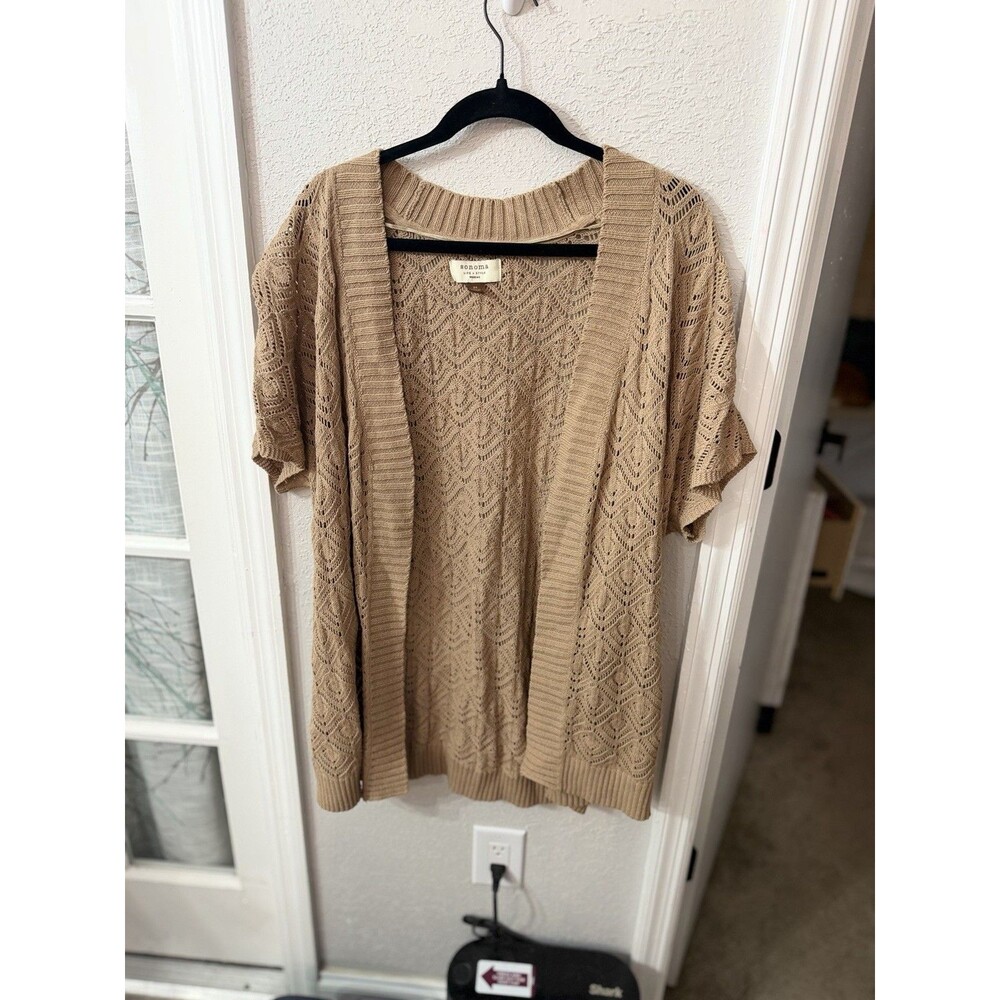 Sonoma Life + Style Women 2X Tan Open Knit Cardigan Crochet Short Sleeve